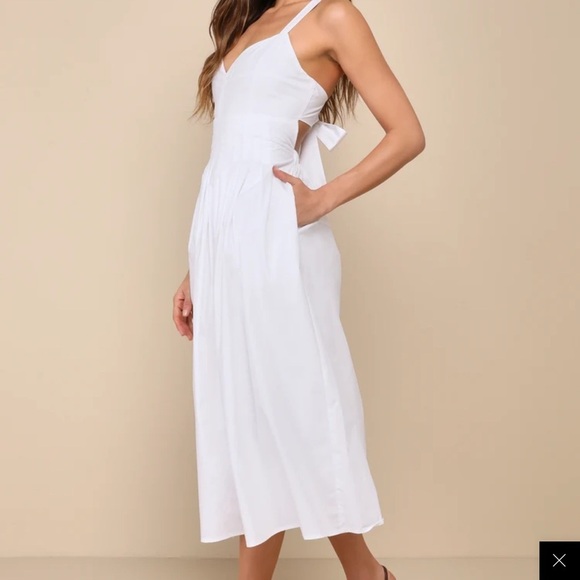 Nwt Strolling Sicily White Pleated Backless Midi Dress With Pockets